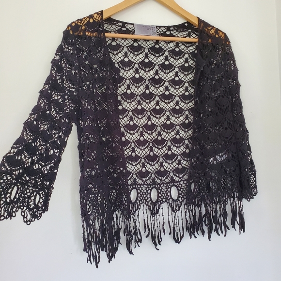 NWOT Sz XS Black Open Crochet Knit Open Style Cardigan Fringe 3/4 Sleeve BOHO - Picture 2 of 15